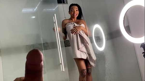 – shemale taking a shower getting ready to give her ass to the midget