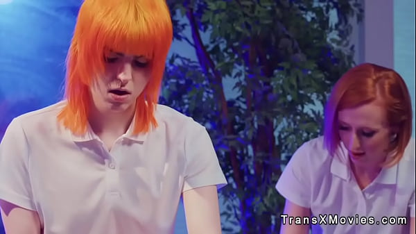 Shemale couple fuck busty blonde masseuse at the resort