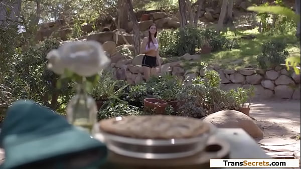 Shemale Tori Easton caught fucking a pie