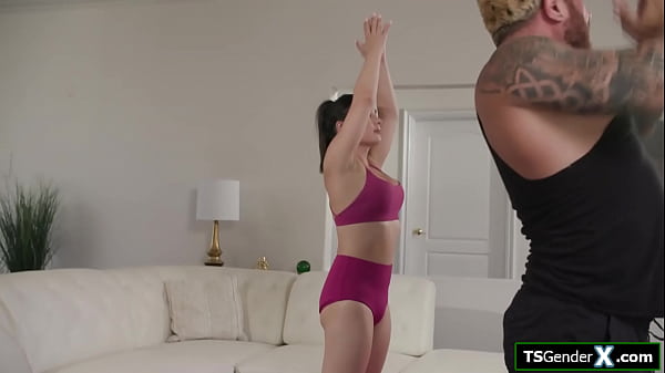 Sexy busty asian shemale Ember Fiera handjobs her instructor