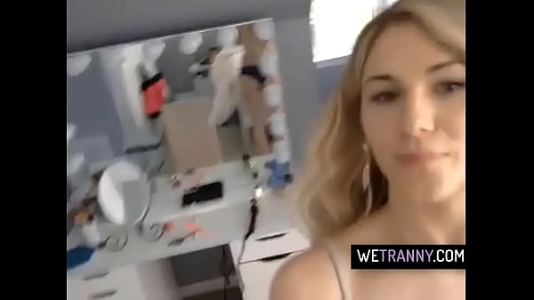 Hot blonde tgirl toys her ass with a huge dildo