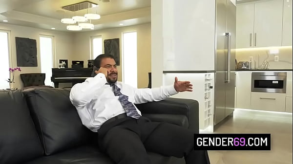 Blonde tgirl Lena Moon dressed in sexy red lingerie suck cock and bareback anal