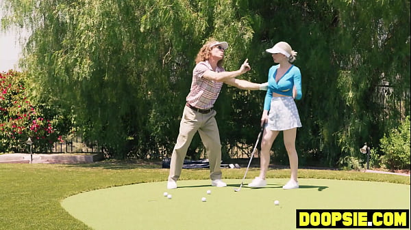 Big boobs blonde MILF takes two big tranny dicks at golf practice