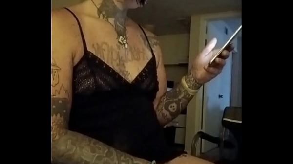Tattooed trans girl jerks off and eats cum